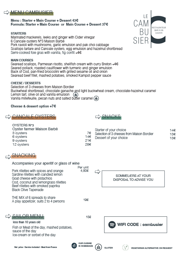 Carte restaurant le cambusier à saint malo