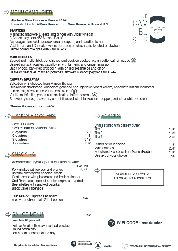 Carte restaurant le cambusier à saint malo