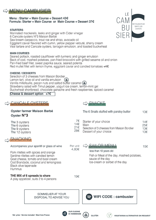 Carte restaurant le cambusier à saint malo