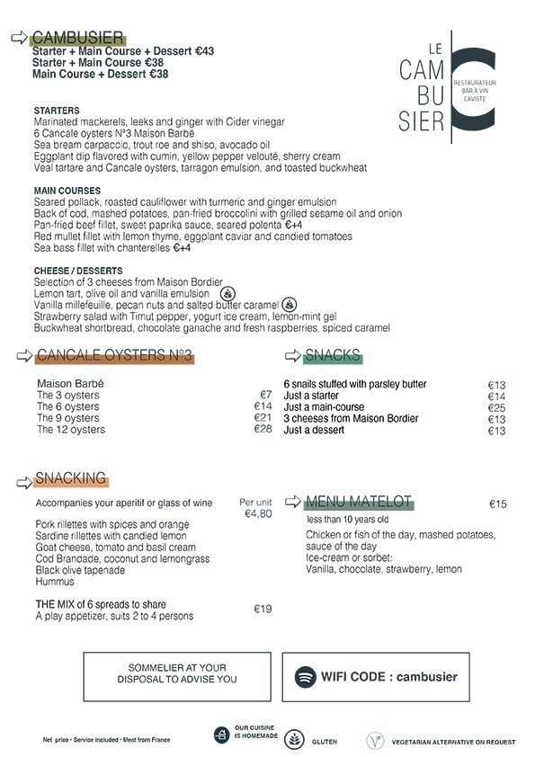 Carte restaurant le cambusier à saint malo
