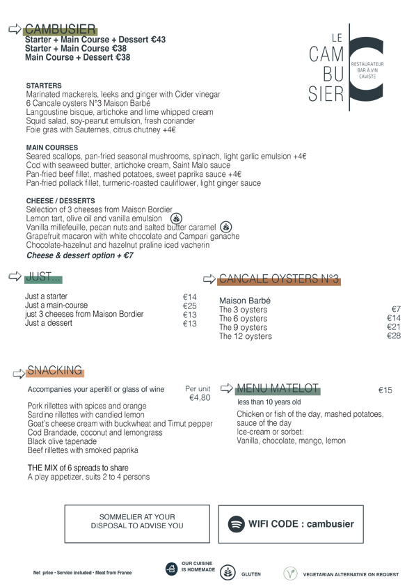 carte menu cambusier restaurant octobre 2025 anglais