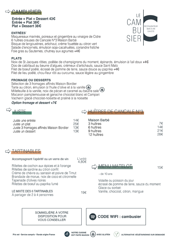 carte menu cambusier restaurant octobre 2025 francais